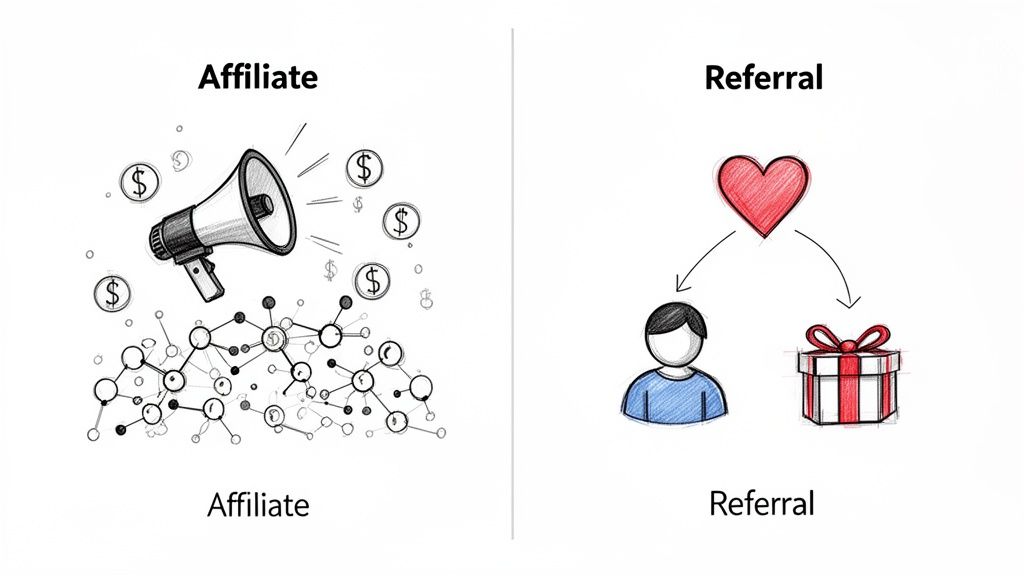 Diagram comparing affiliate marketing with a megaphone and money, and referral marketing with a heart, person, and gift.