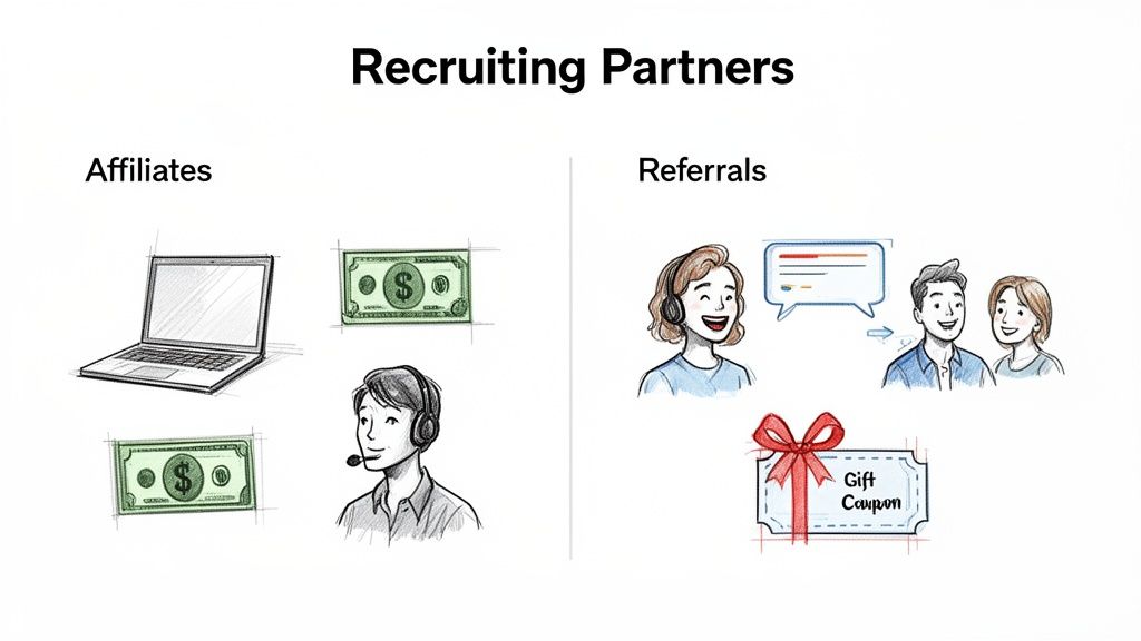 An illustration comparing affiliate marketing with referral programs, showing monetary rewards and gift coupons.