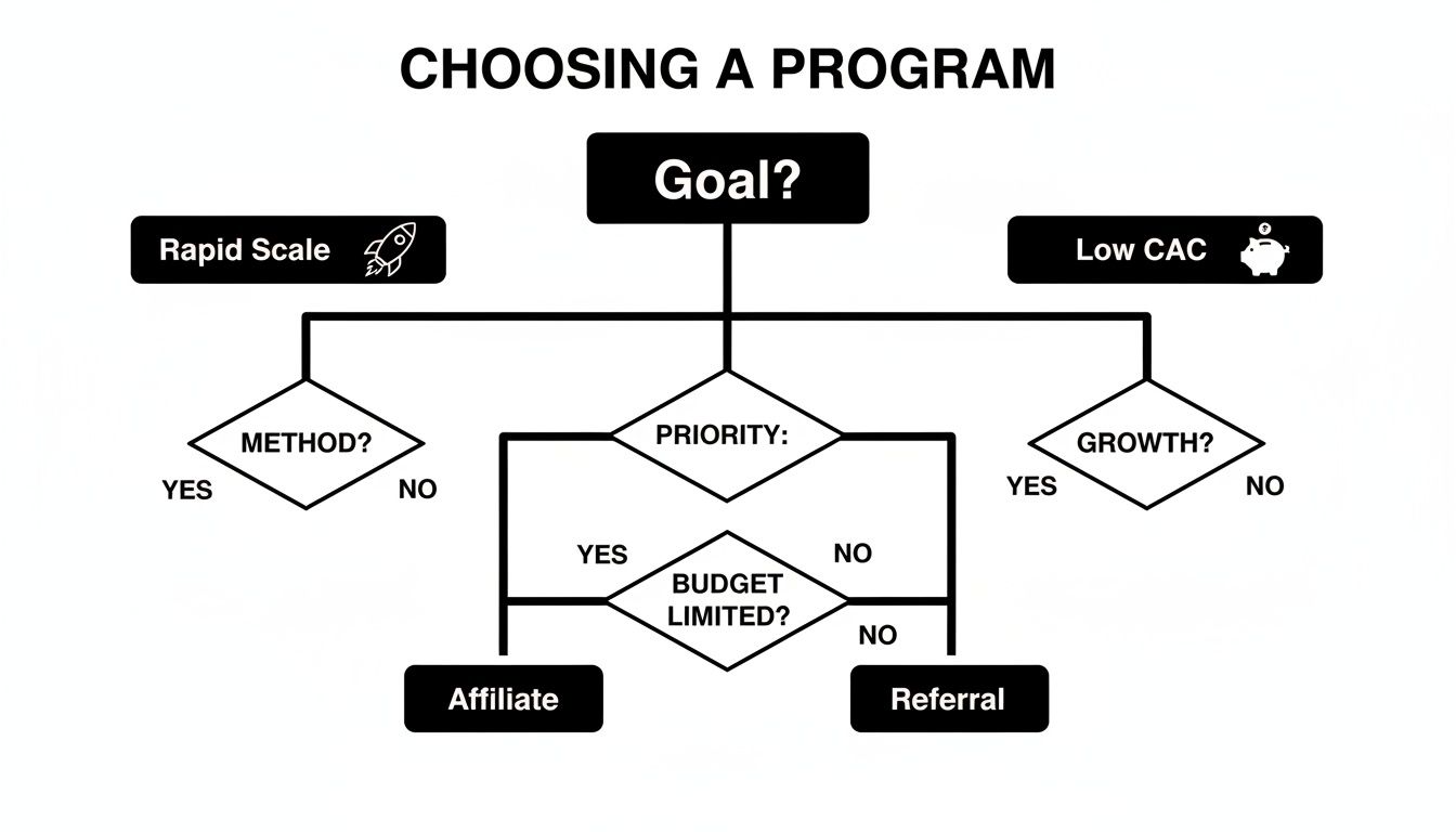 Flowchart for choosing between affiliate and referral programs based on business goals like rapid scale, priority, budget, and growth.