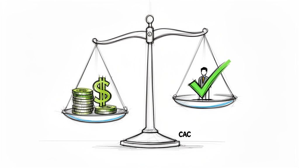 A balance scale comparing money (cost) with a successfully acquired customer, illustrating Customer Acquisition Cost (CAC).