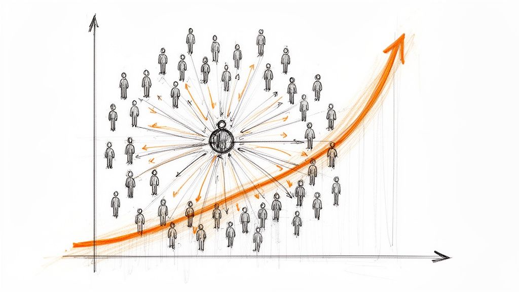 Sketch of a central figure spreading influence to a network, driving an upward growth curve.