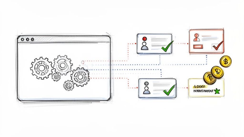 Sketch of a system processing user profiles with approvals, rejections, and digital currency payouts, illustrating a financial workflow.