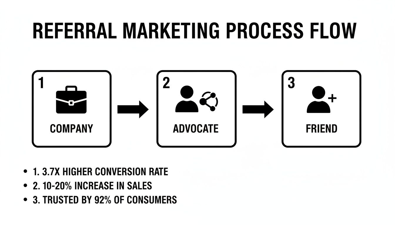 Flowchart illustrating a referral marketing process from company to advocate to friend, highlighting benefits.