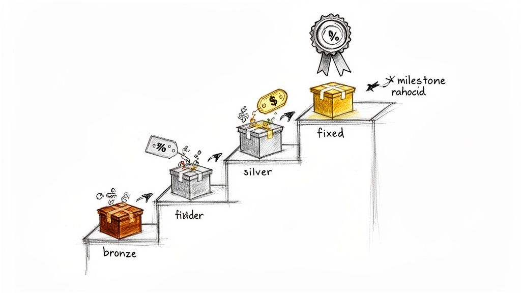 A sketch of a four-step reward system with labeled gift boxes: bronze, finder, silver, and fixed, leading to a medal.
