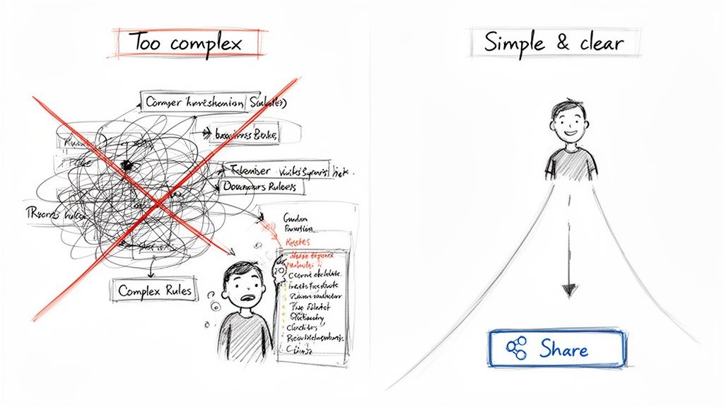 An illustration contrasting a complex, tangled process with a simple, clear, and shareable solution.