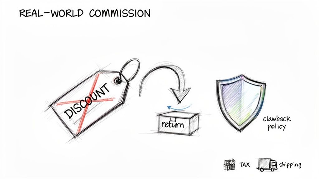 Diagram illustrating real-world sales commission factors: discounts, returns, clawback policy, taxes, and shipping.