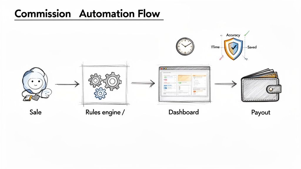 A diagram illustrating the commission automation flow from sales through rules engine to dashboard and payout.
