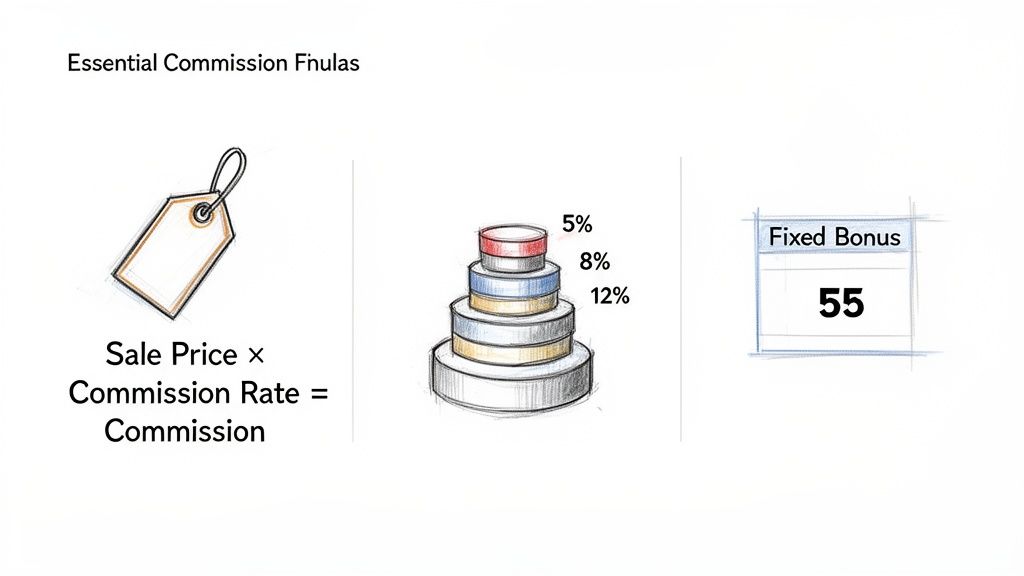 Diagram illustrating essential commission formulas, including sale price, tiered rates (5-12%), and a fixed bonus.