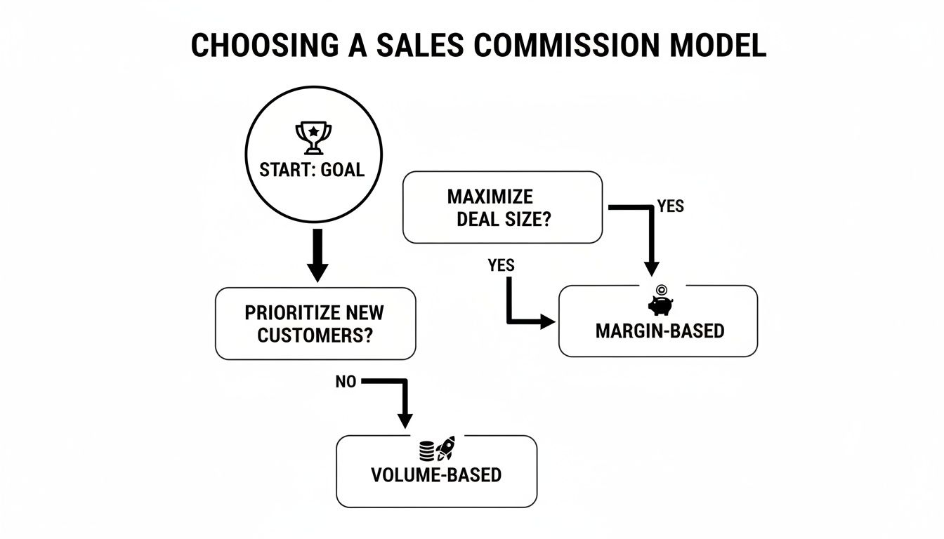 Flowchart guiding the choice between margin-based and volume-based sales commission models.