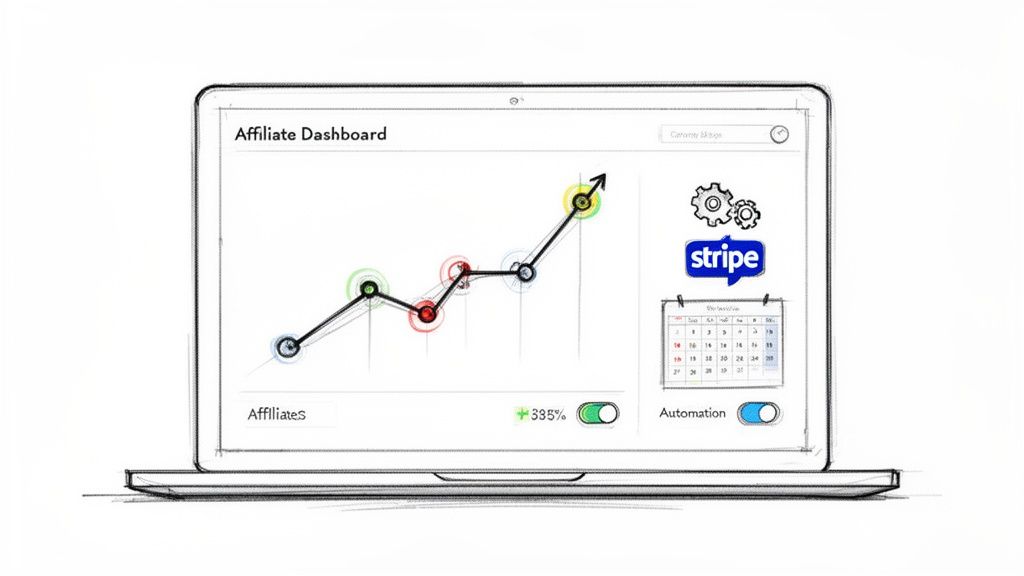 A sketch of a laptop showing an affiliate dashboard with a rising growth chart, Stripe logo, and calendar.