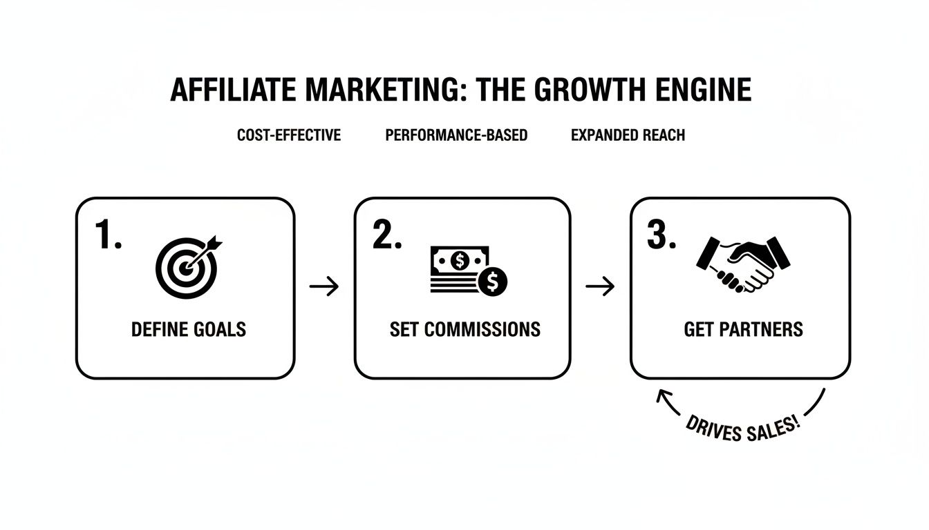 A diagram outlining the three steps of an affiliate marketing program: define goals, set commissions, and get partners, which drives sales.