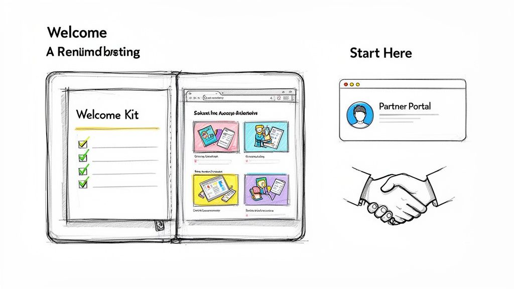 Sketch of a welcome kit checklist, partner portal, and handshake for successful onboarding.