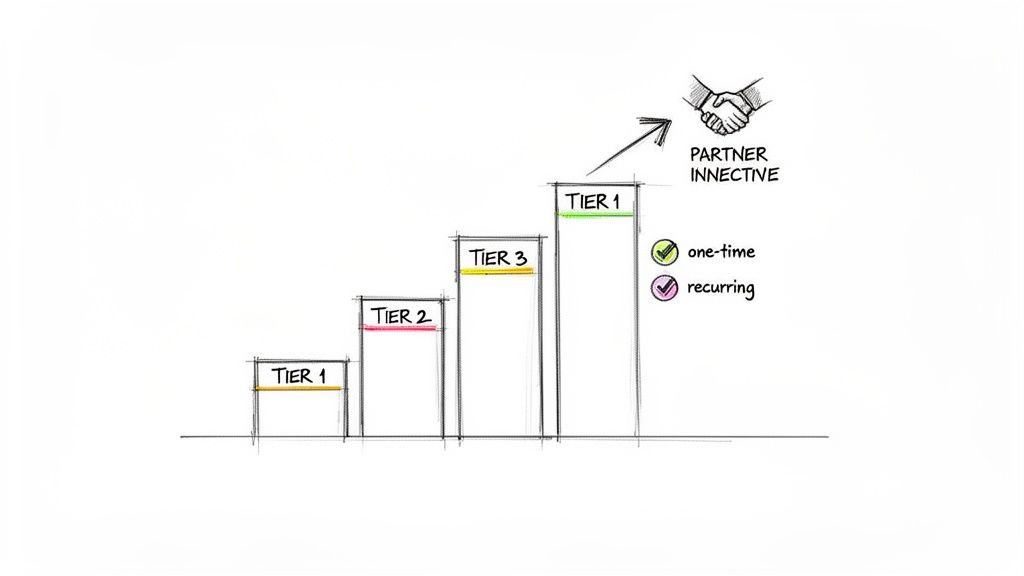 A tiered partner incentive program visualized with increasing bar charts and reward types.