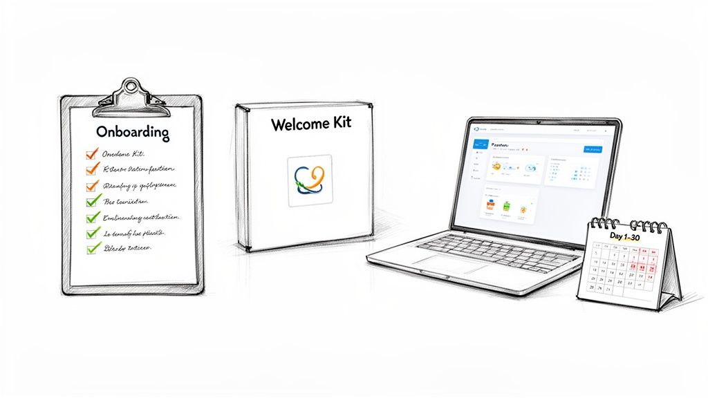 Illustration of a business onboarding process, including a checklist, welcome kit, laptop, and 30-day calendar.