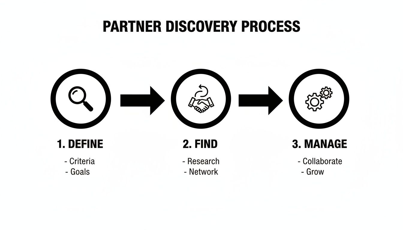 A three-step partner discovery process diagram showing define, find, and manage stages with icons.
