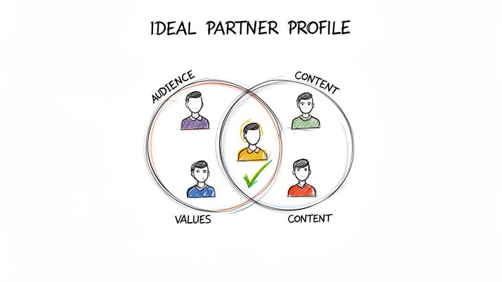 Venn diagram illustrating an ideal partner profile, showing overlap between audience, values, and content.
