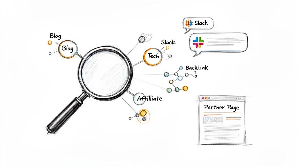 A diagram showing a magnifying glass connected to concepts like blog, tech, affiliate, backlink, and partner page.