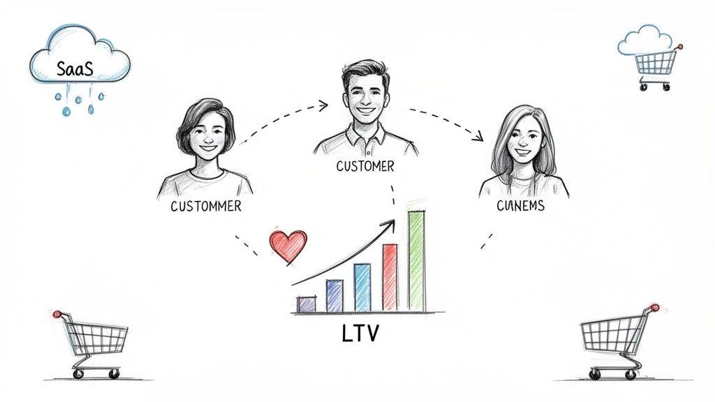 Sketch diagram illustrating happy customers, connections, SaaS, and increasing customer lifetime value (LTV).
