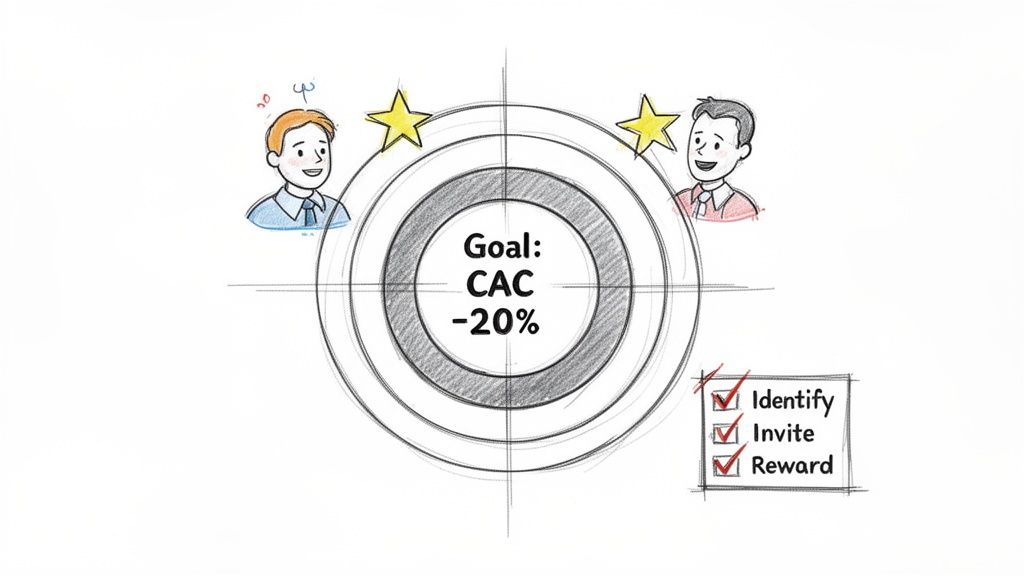 Illustration of a target showing 'Goal: CAC -20%', two men with stars, and a checklist 'Identify, Invite, Reward'.