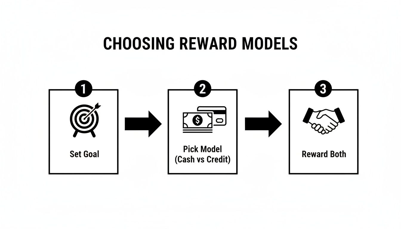 A three-step diagram illustrating how to choose reward models: set goal, pick model (cash vs credit), and reward both.