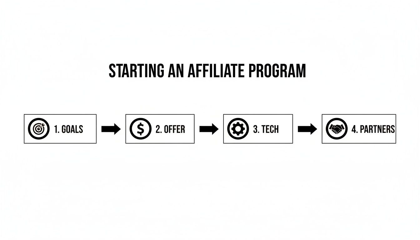 A flow chart illustrating the four key steps to starting an affiliate program: Goals, Offer, Tech, Partners.