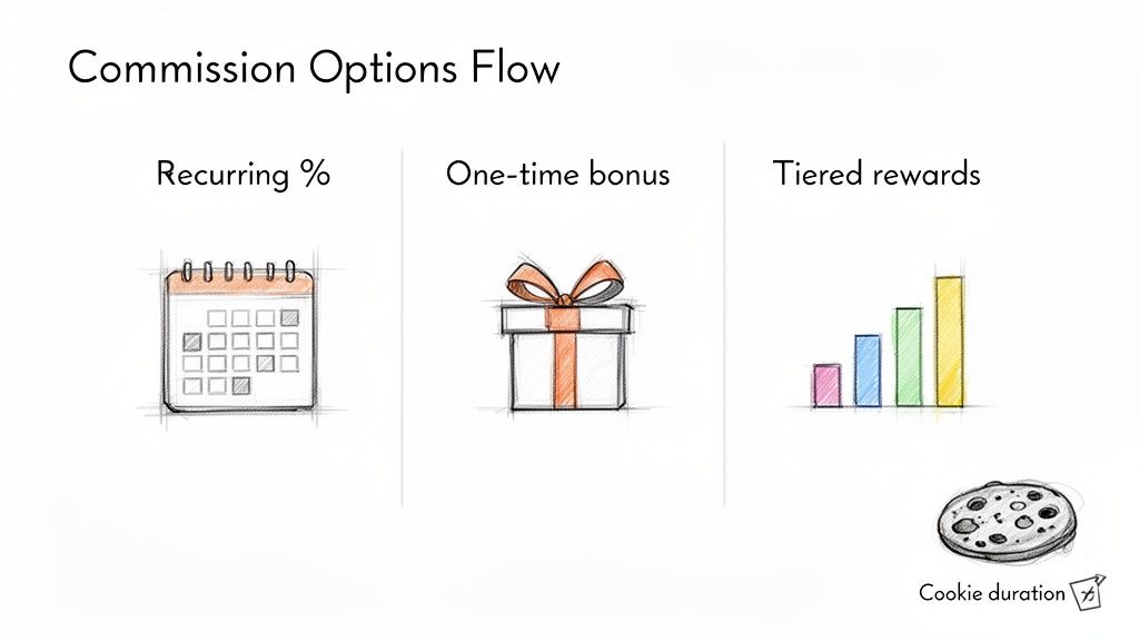 Diagram illustrating commission options flow: recurring percentage, one-time bonus, tiered rewards, and cookie duration.