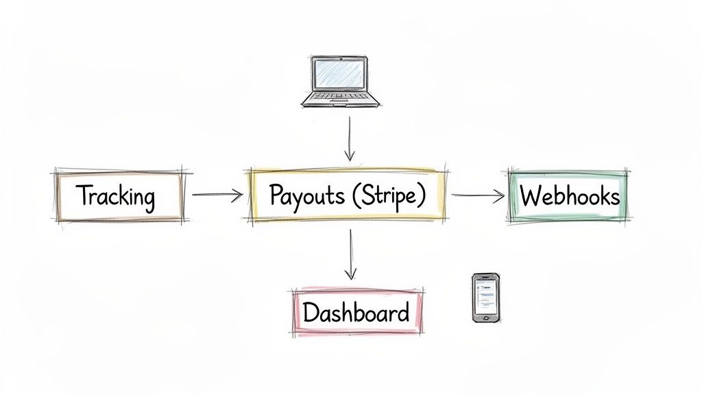 A flowchart illustrates a Stripe payout system, connecting tracking, webhooks, a dashboard, and a laptop.