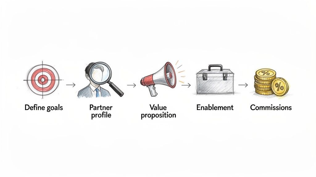 Diagram illustrating the steps for building indirect distribution channels, from defining goals to earning commissions.
