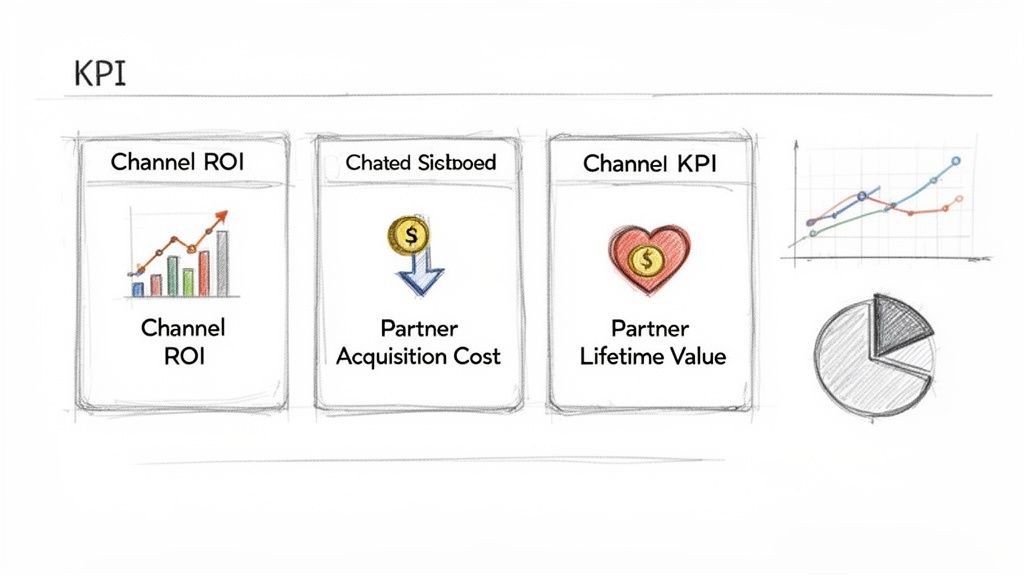 A whiteboard sketch illustrating Key Performance Indicators (KPIs) for indirect distribution channels, including ROI, acquisition cost, and lifetime value.