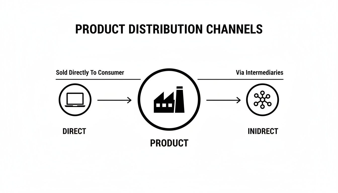 A diagram illustrating direct and indirect product distribution channels from a factory to consumers.