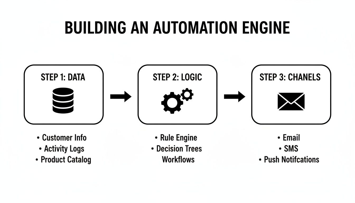 Flowchart building an automation engine, showing data input, logic processing, and multi-channel outputs.