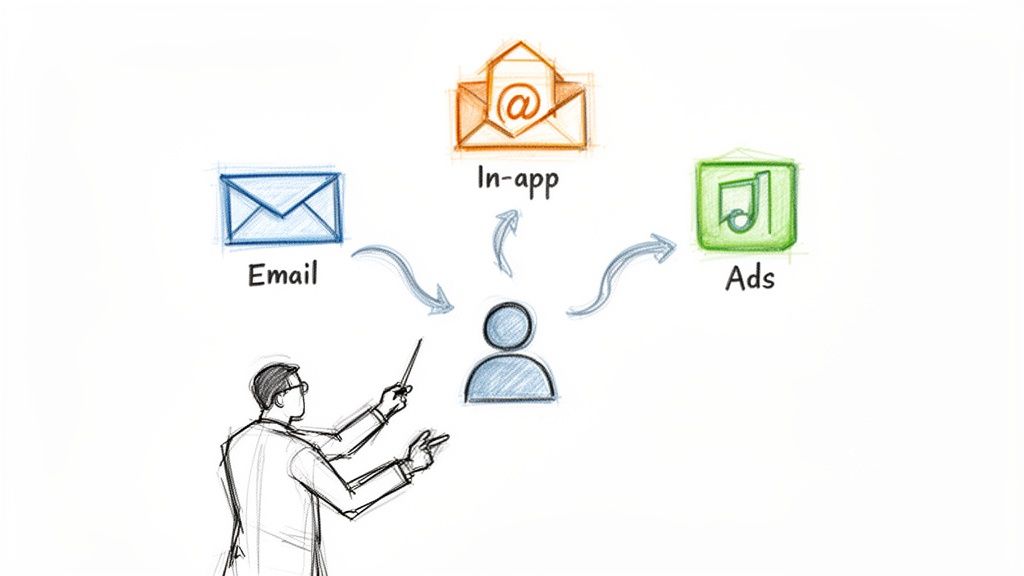 Diagram shows a person explaining multi-channel marketing with email, in-app, and ads for customer engagement.