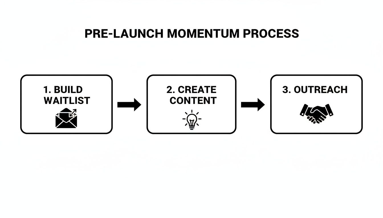 A three-step pre-launch momentum process showing building a waitlist, creating content, and performing outreach.