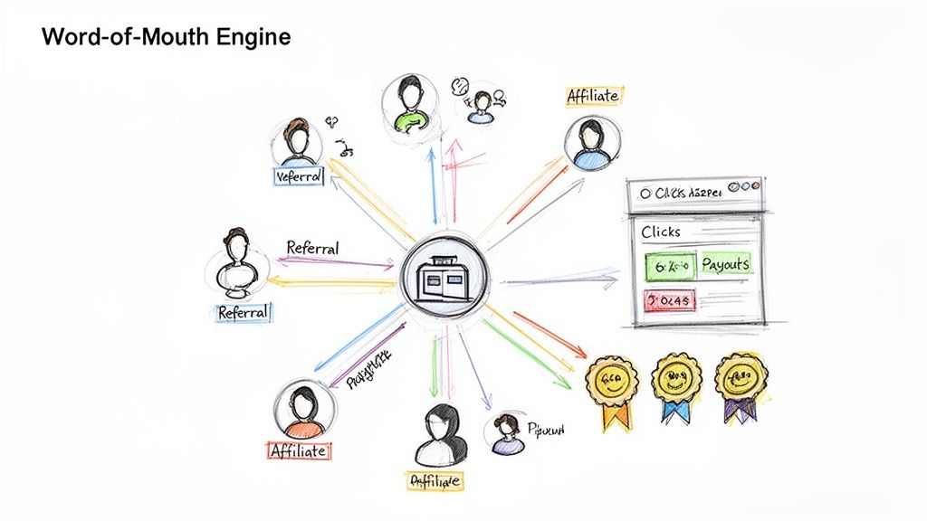 A hand-drawn diagram illustrating a word-of-mouth marketing engine with referrals, affiliates, a central system, and a clicks/payouts dashboard.