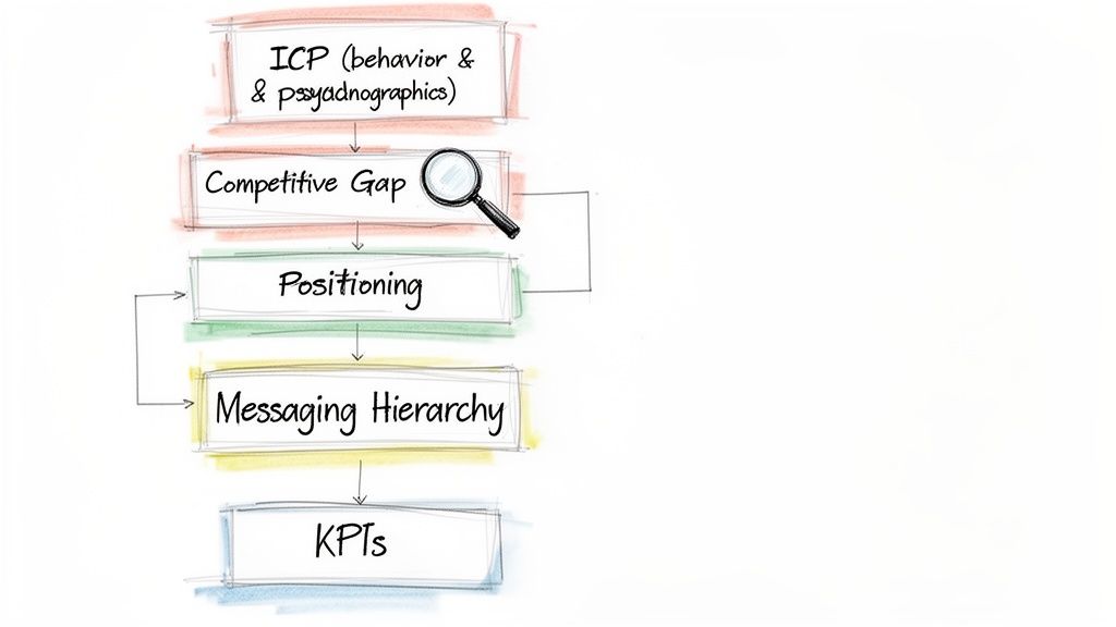 Flowchart illustrating key steps for product launch strategy, including ICP, competitive gap, positioning, messaging, and KPIs.