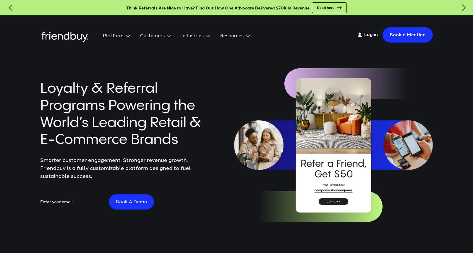 Friendbuy referral program interface showing A/B testing and optimization features