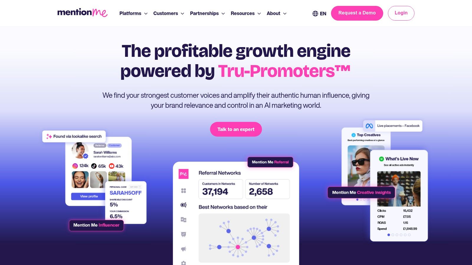 Mention Me referral dashboard showing advanced analytics and A/B testing features