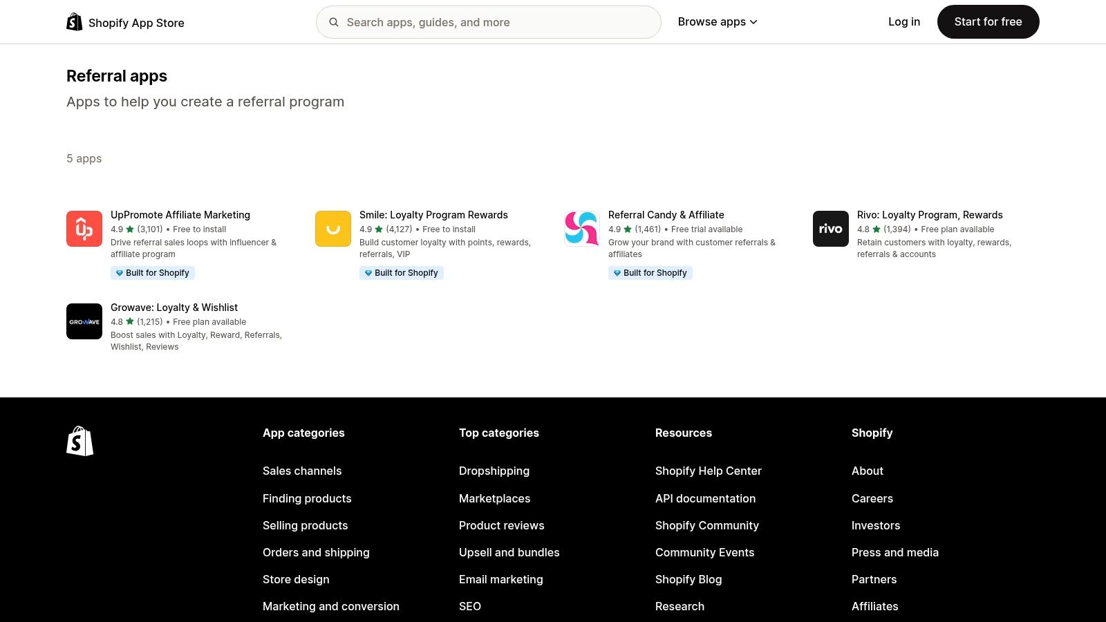 Shopify App Store showing various referral marketing apps and their ratings