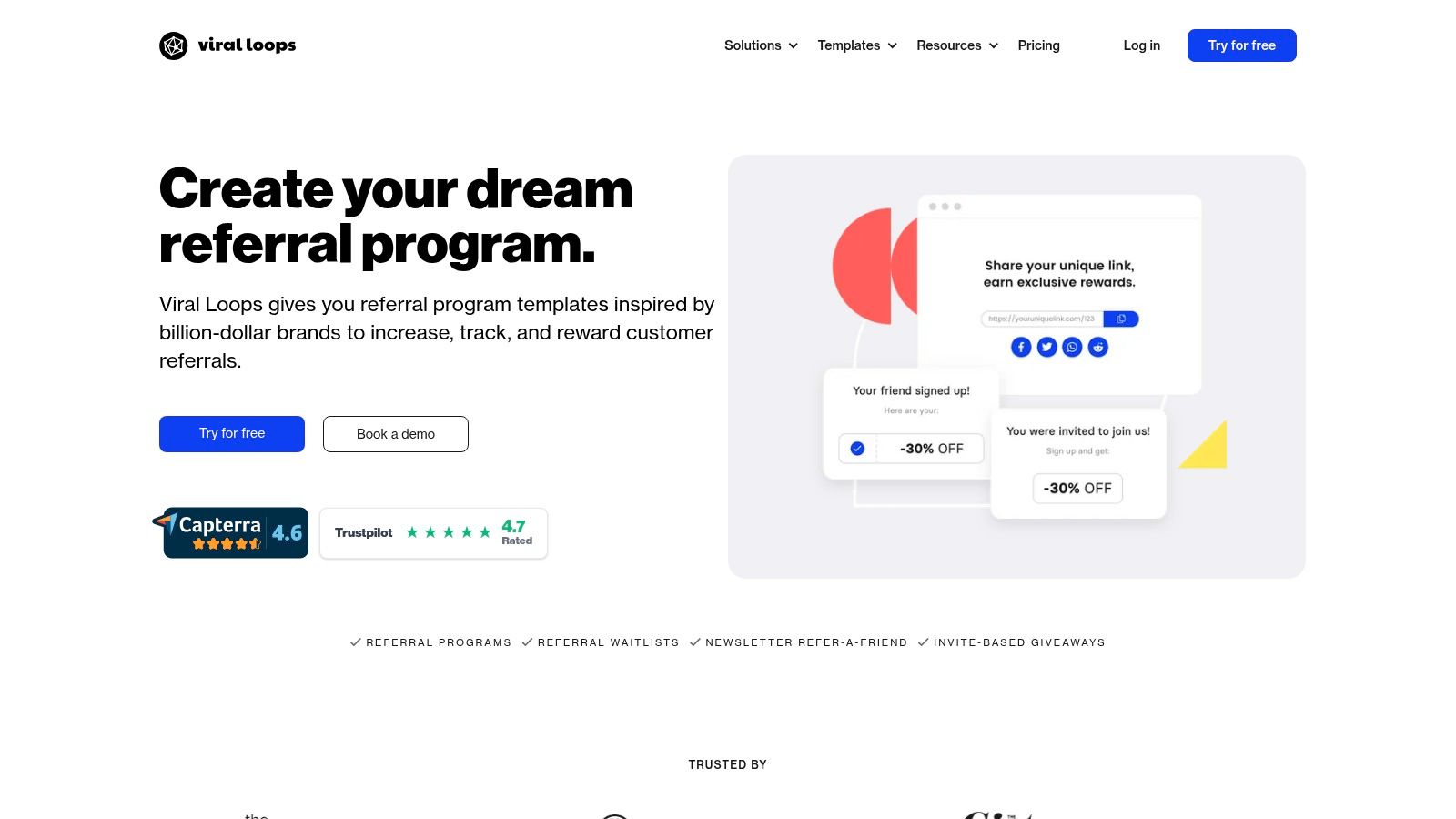 Viral Loops platform showing pre-built referral program templates