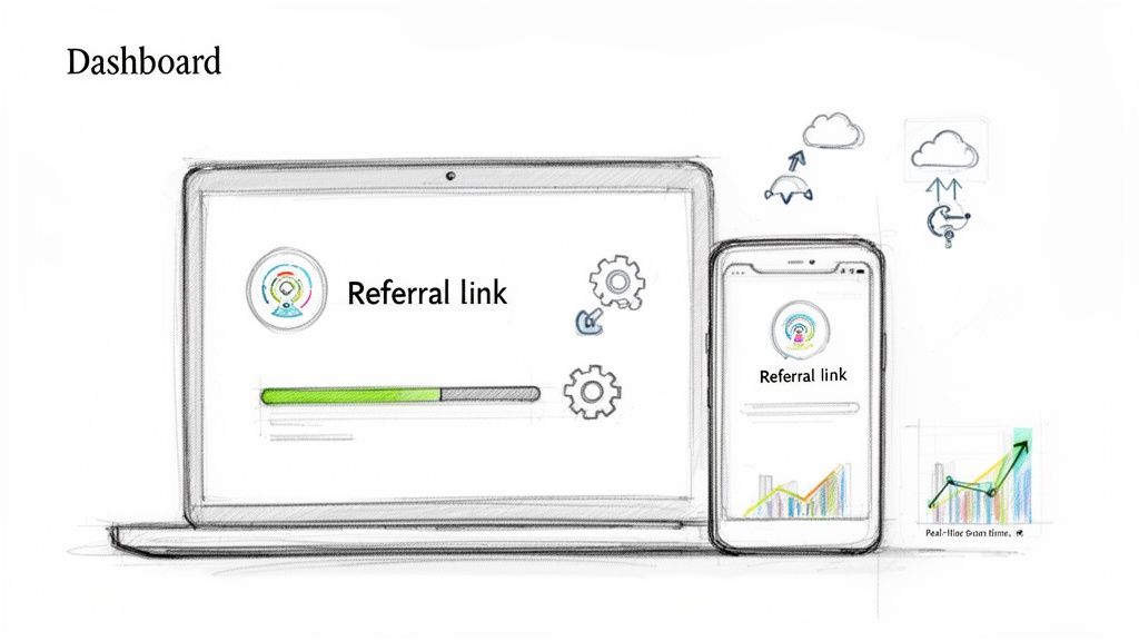 Dashboard showing referral links on laptop and smartphone screens with progress and real-time growth charts.