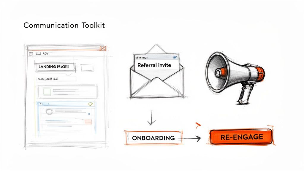 A diagram illustrating a communication toolkit for a referral program, including landing page, invite, megaphone, onboarding, and re-engage.