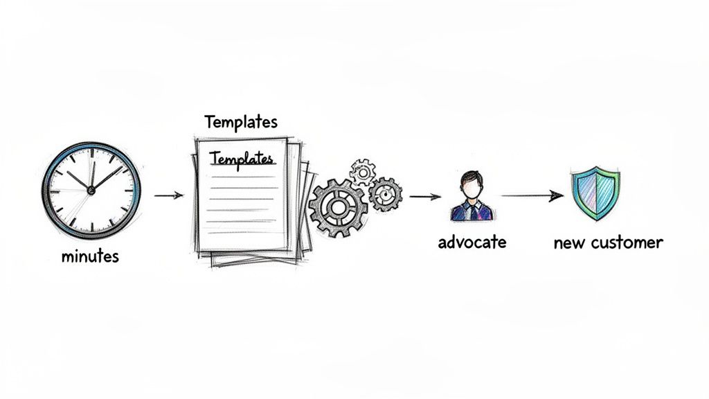 A flowchart showing how minutes and templates lead through advocates to new customers.