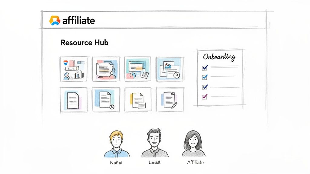 A hand-drawn illustration of an affiliate dashboard showing a resource hub, onboarding checklist, and user profiles.