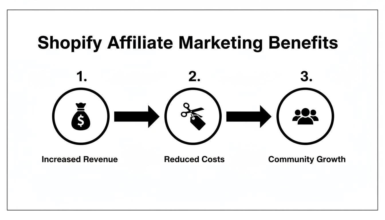 Diagram illustrating three key benefits of Shopify affiliate marketing: increased revenue, reduced costs, and community growth.