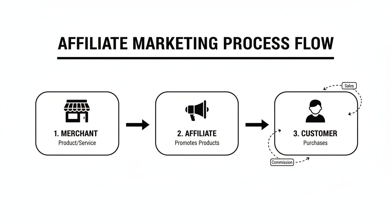 A clear flowchart outlining the affiliate marketing process between a merchant, an affiliate, and a customer.