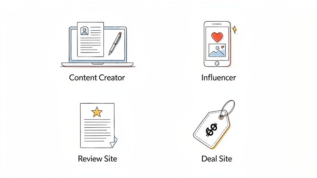 Illustrations of content creator, influencer, review site, and deal site, representing key affiliate marketing roles.