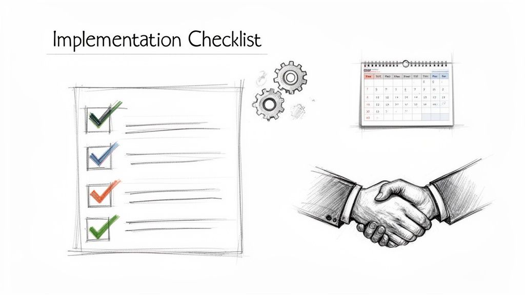 An implementation checklist with tasks marked as complete, gears, a calendar, and a handshake.
