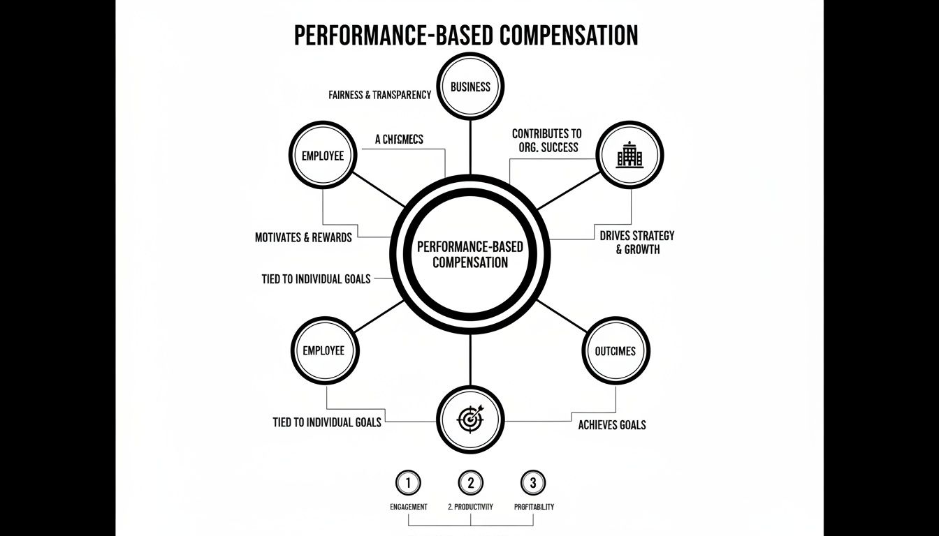 Diagram illustrating performance-based compensation's benefits, connecting employees, business, outcomes, and growth.