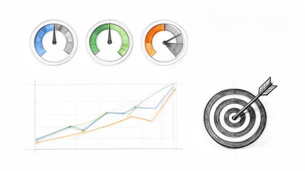 Hand-drawn illustration of performance gauges, a growing line graph, and an arrow hitting a target.